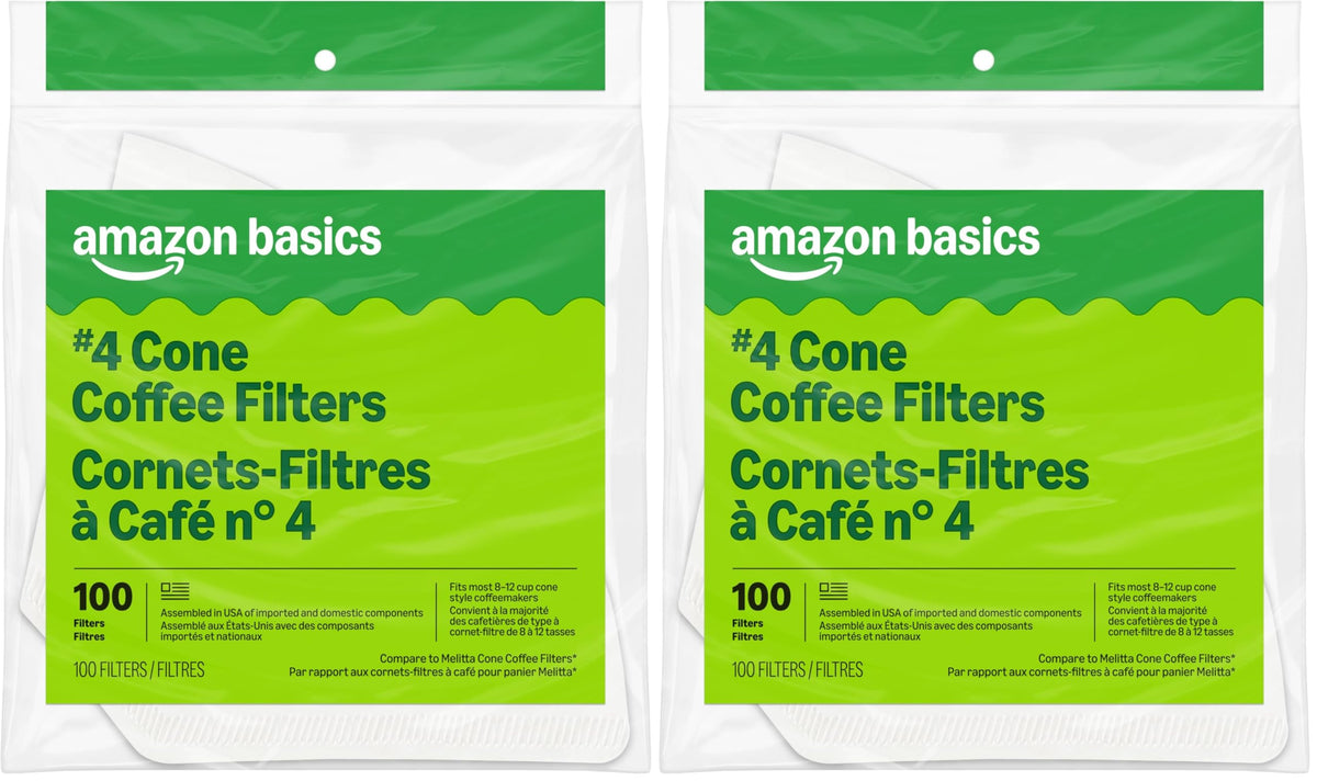Amazon Basics Number 4 Cone Coffee Filters for 8-12 Cup Coffee Makers, White, 100 Count