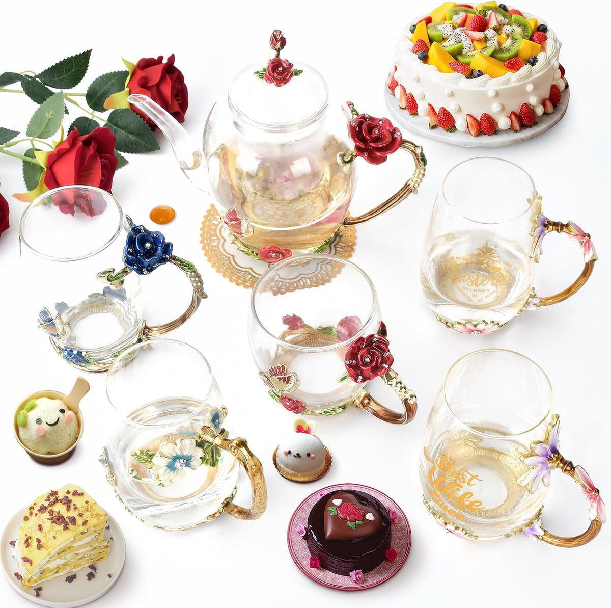 OEAGO Enamel Glass Flower Tea Pot 30.4OZ Birthday Gifts for Women Mom