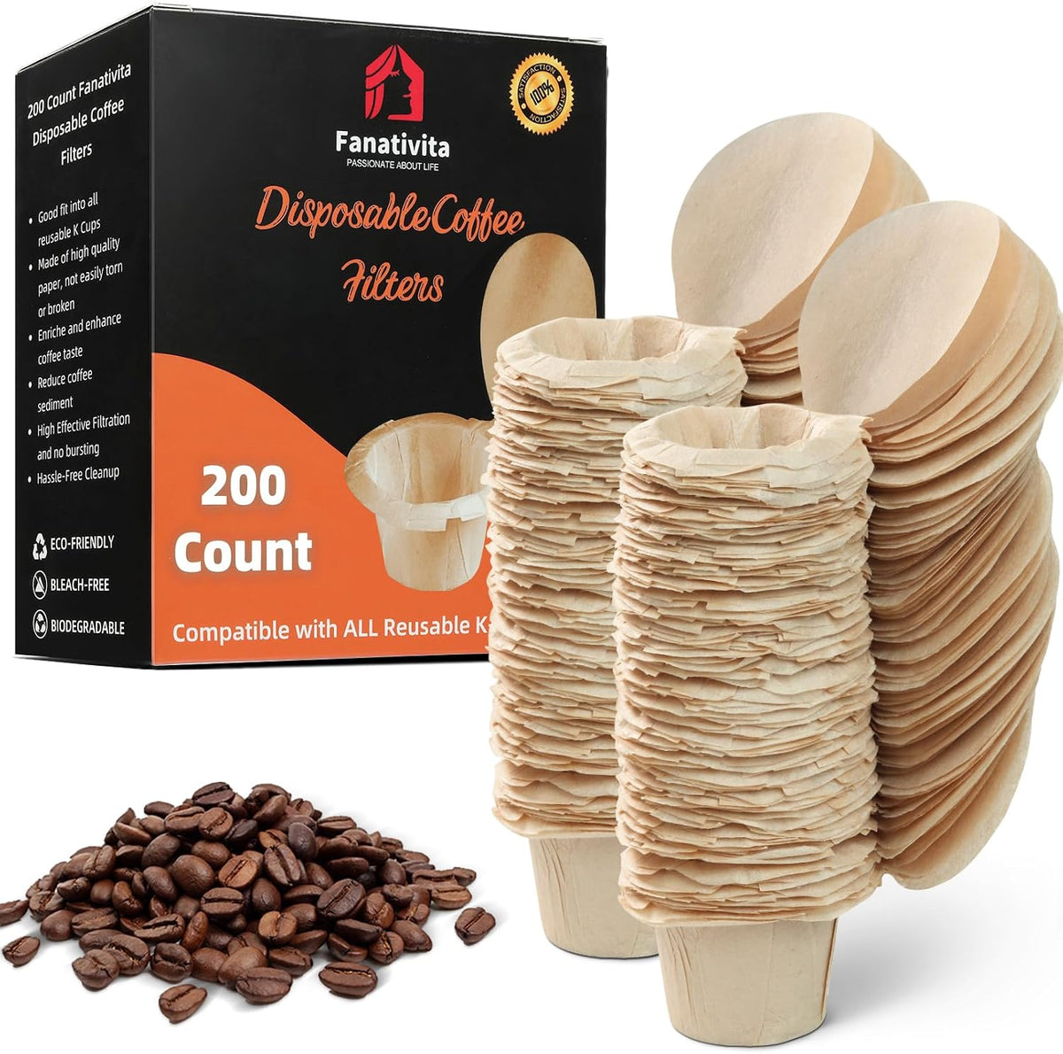 Fanativita 200ct K Cup Coffee Filters with Genius Lid, Unbleached