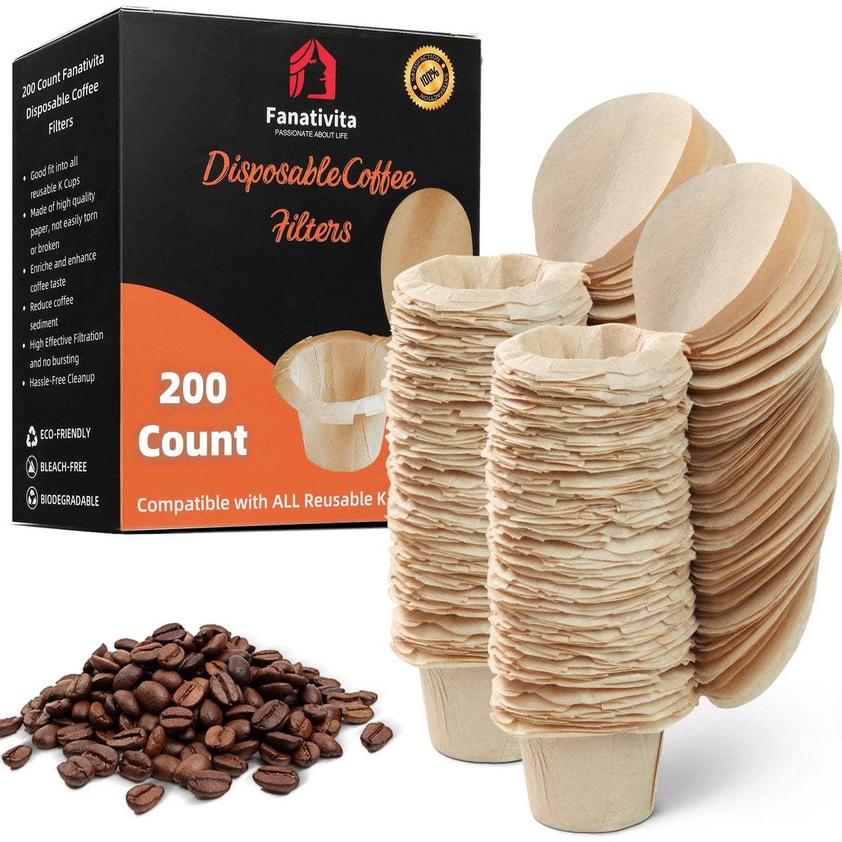 Fanativita 200ct K Cup Coffee Filters with Genius Lid, Unbleached