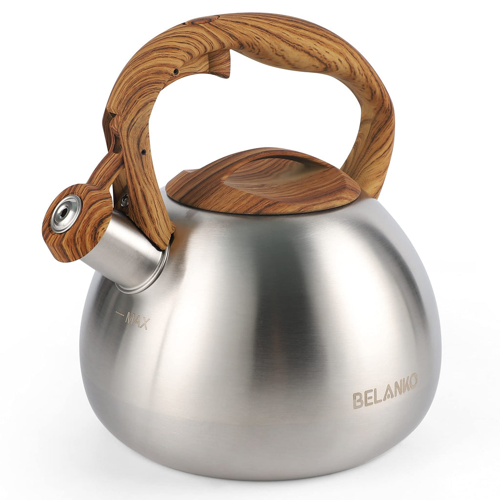BELANKO 2.7 Quart Tea Kettle for Stovetops - Food Grade Stainless Steel Teapot with Loud Whistle, Cool-Touch Wood Pattern Handle, Rust-Resistant Whistling Kettle - Starry Gray