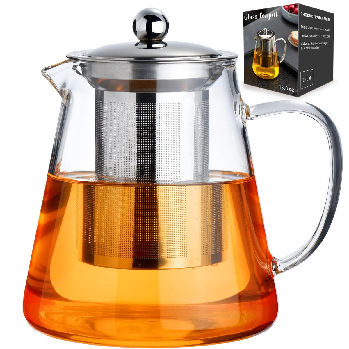 Baalaka Glass Teapot with Infuser, Clear Tea Pot for Stove, 22 oz/650 ml