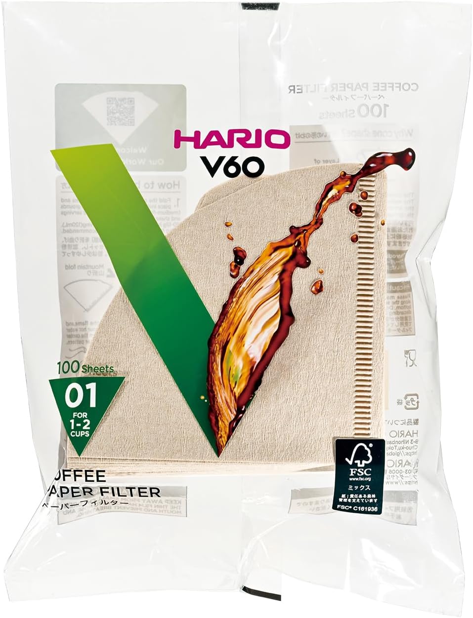 Hario V60 Paper Coffee Filter, Size 01, Natural, 100ct