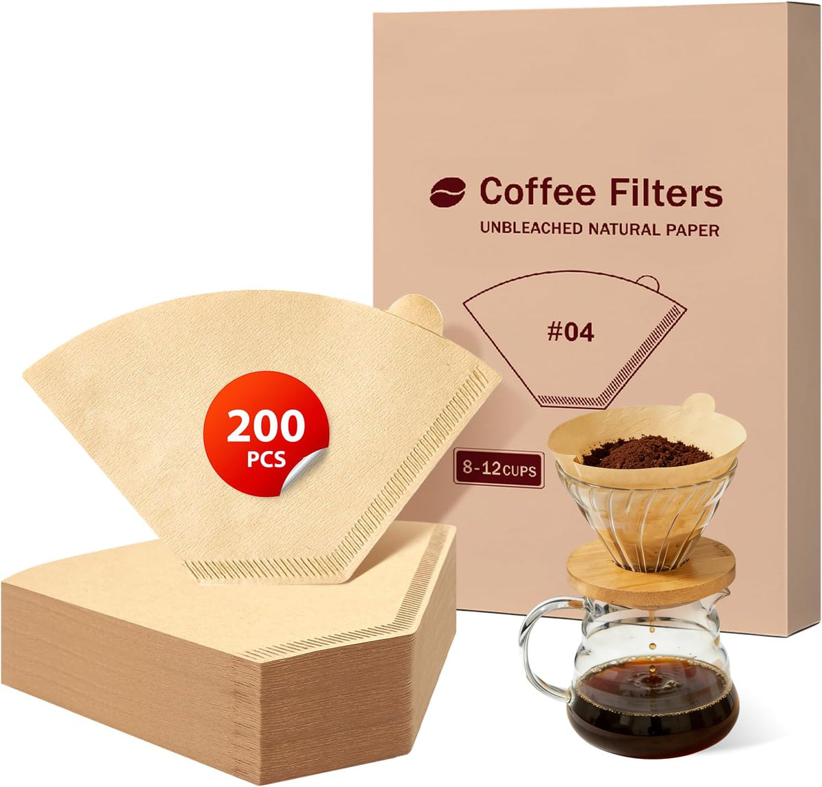 200 Count Coffee Filters #4, Unbleached Cone Coffee Filters 8-12 Cup
