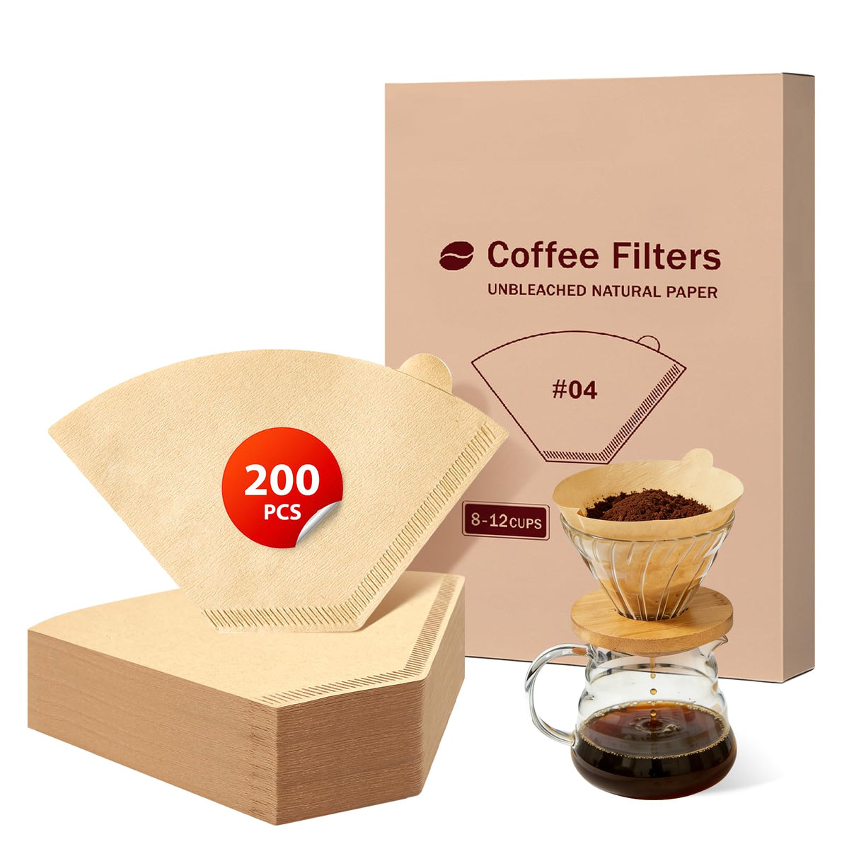 200 Count Coffee Filters #4, Unbleached Cone Coffee Filters 8-12 Cup