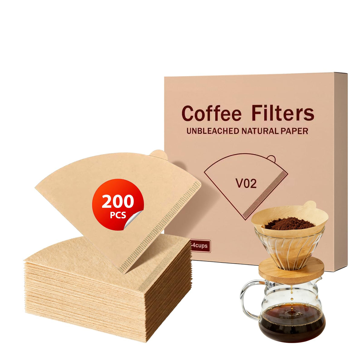 200 Count Coffee Filters #4, Unbleached Cone Coffee Filters 8-12 Cup