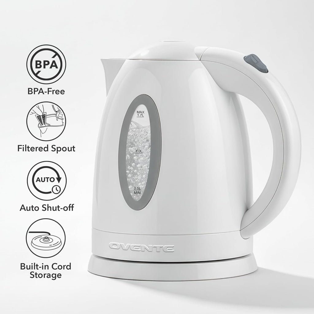 OVENTE 1.7L Electric Tea Kettle, Fast Boiling Water Heater, White KP72W
