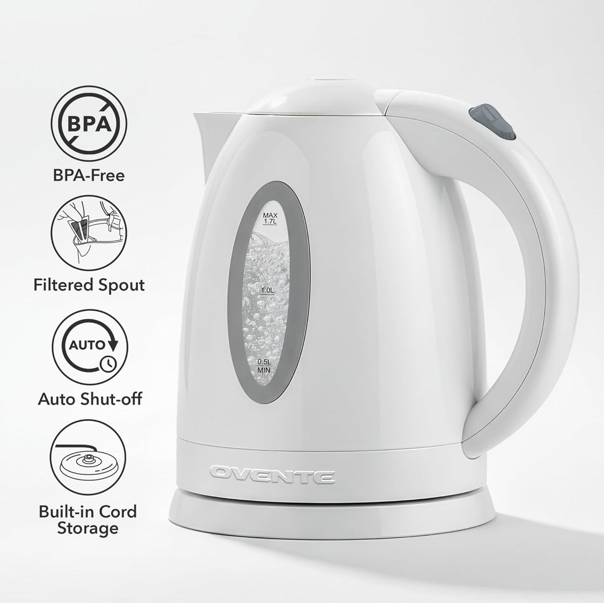OVENTE 1.7L Electric Tea Kettle, Fast Boiling Water Heater, White KP72W