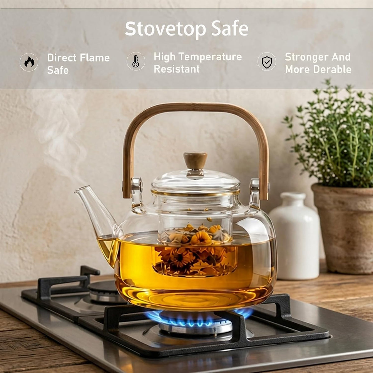 1500ml (50.72oz) Borosilicate Glass Teapot with Wooden Handle, Stovetop Safe Large Tea Kettle with Removable Glass Infuser for Blooming Tea & Loose Leaf Tea