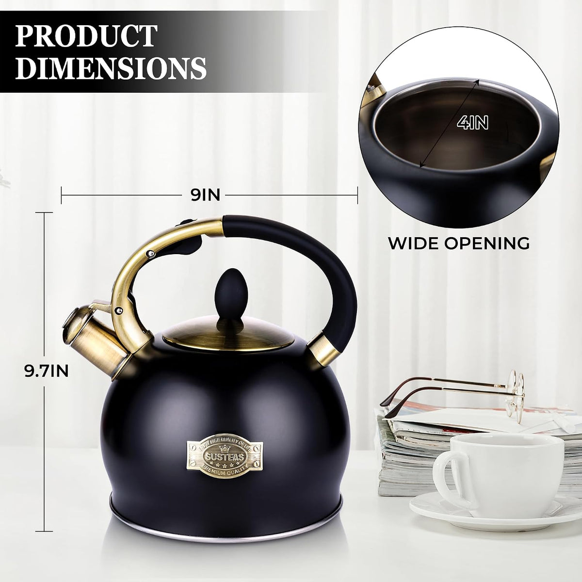 SUSTEAS Whistling Tea Kettle, 2.7QT Food-Grade Steel Teapot, BLACK