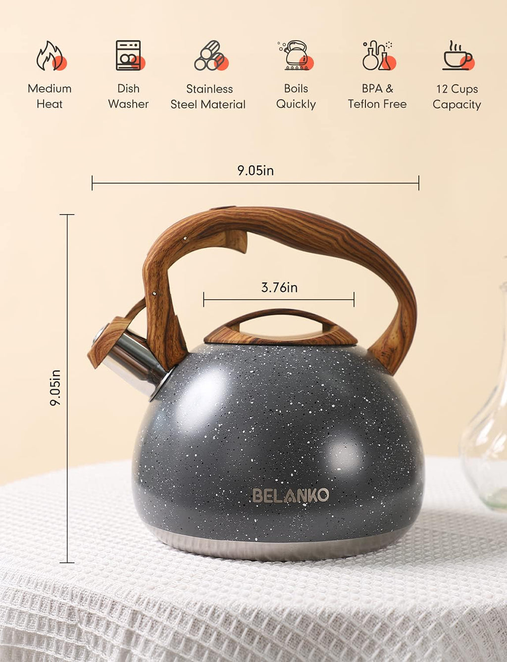 BELANKO 2.7 Quart Tea Kettle for Stovetops - Food Grade Stainless Steel Teapot with Loud Whistle, Cool-Touch Wood Pattern Handle, Rust-Resistant Whistling Kettle - Starry Gray