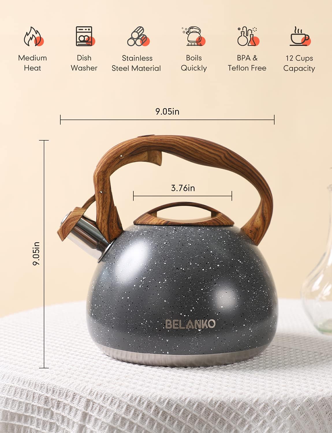 BELANKO 2.7 Quart Tea Kettle for Stovetops - Food Grade Stainless Steel Teapot with Loud Whistle, Cool-Touch Wood Pattern Handle, Rust-Resistant Whistling Kettle - Starry Gray