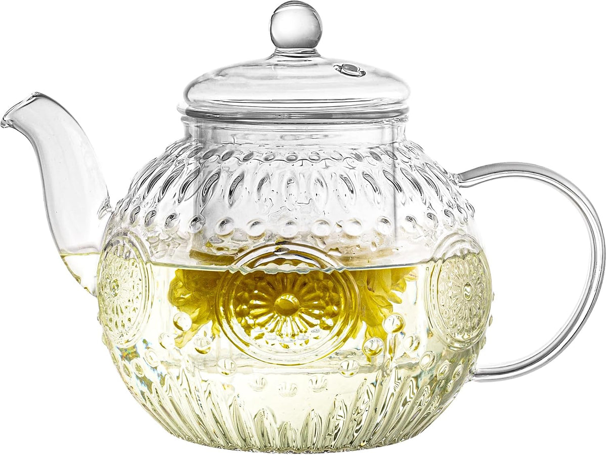 Bandesun Small Capacity Vintage Glass Teapot, Tea Kettle with Removable Infuser 32OZ/1000ml, Borosilicate Glass Pot -Stovetop Safe, Blooming & Loose Leaf Tea Maker Set