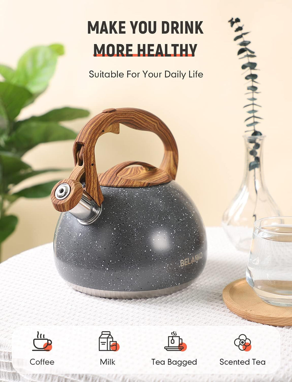 BELANKO 2.7 Quart Tea Kettle for Stovetops - Food Grade Stainless Steel Teapot with Loud Whistle, Cool-Touch Wood Pattern Handle, Rust-Resistant Whistling Kettle - Starry Gray