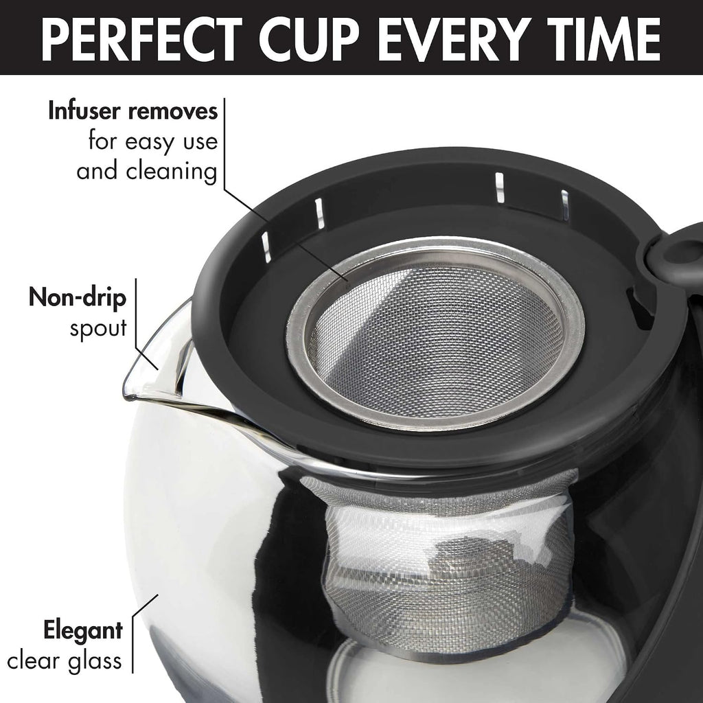 Primula Half Moon Teapot with Removable Infuser, Glass Tea Maker with Reusable Fine Mesh Stainless Steel Filter, Dishwasher Safe, 40-Ounce, Black