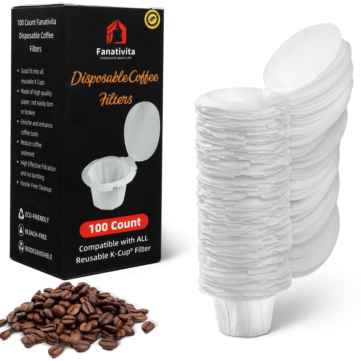 Fanativita 200ct K Cup Coffee Filters with Genius Lid, Unbleached