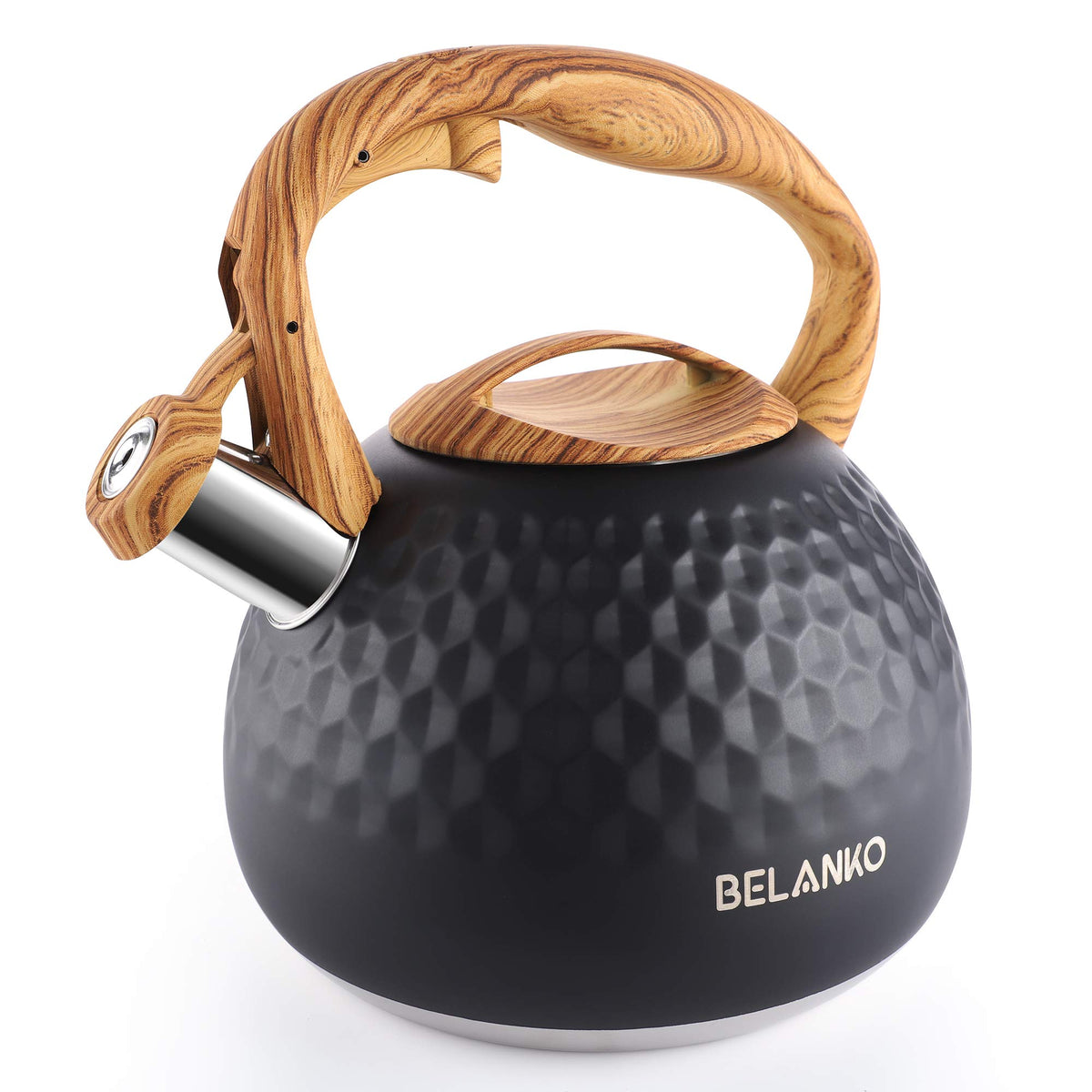 BELANKO 2.7 Quart Tea Kettle for Stovetop - Food Grade Stainless Steel with Diamond Texture, Designer Teapot Look, Cool-Touch Wood Pattern Handle, Whistling Spout - Milk White