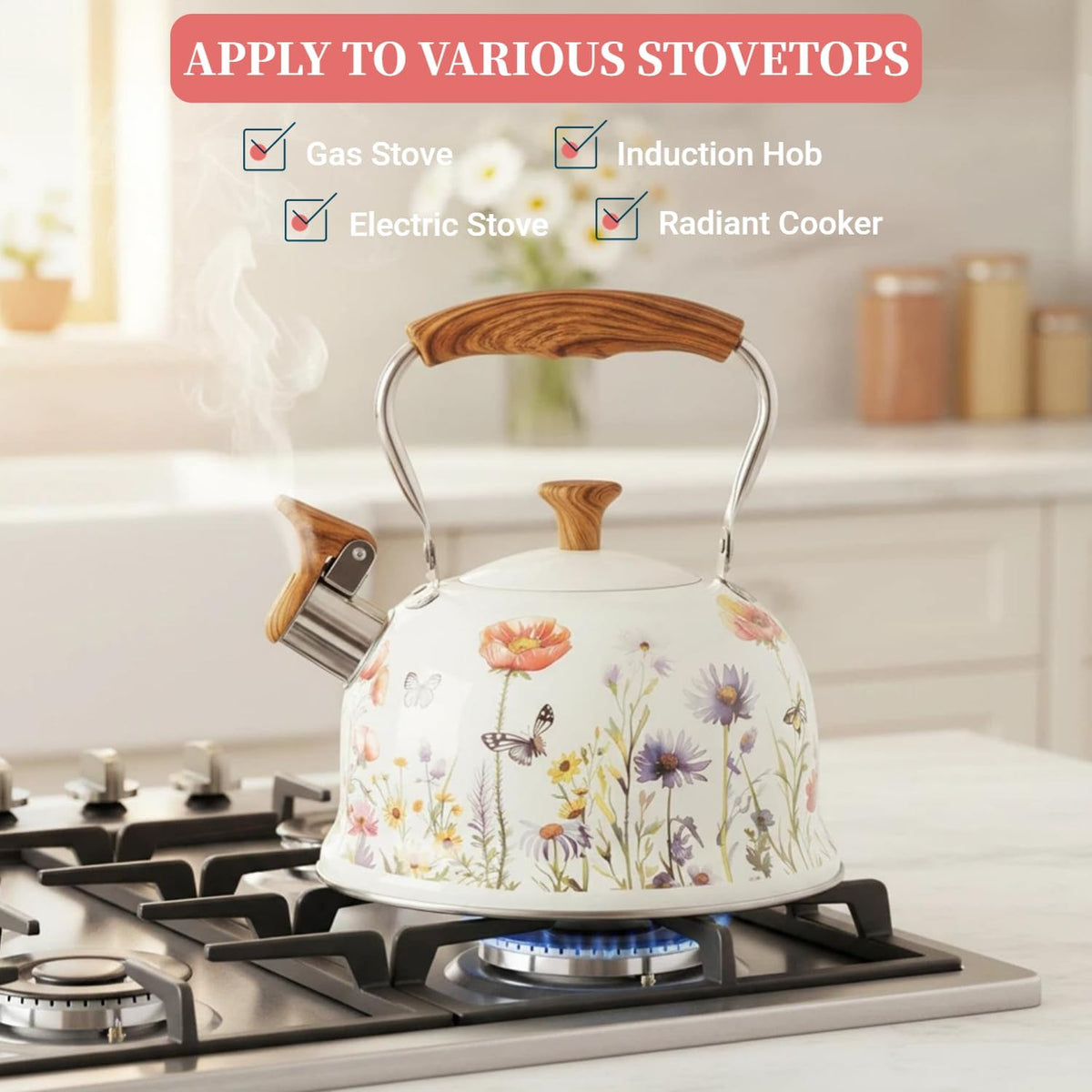 Tea Kettle for Stove Top, 2.7QT Whistling Kettle with Floral Pattern