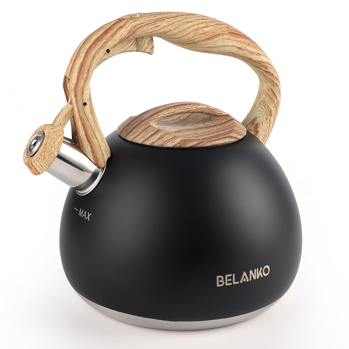 BELANKO 2.7 Quart Tea Kettle for Stovetops - Food Grade Stainless Steel Teapot with Loud Whistle, Cool-Touch Wood Pattern Handle, Rust-Resistant Whistling Kettle - Starry Gray