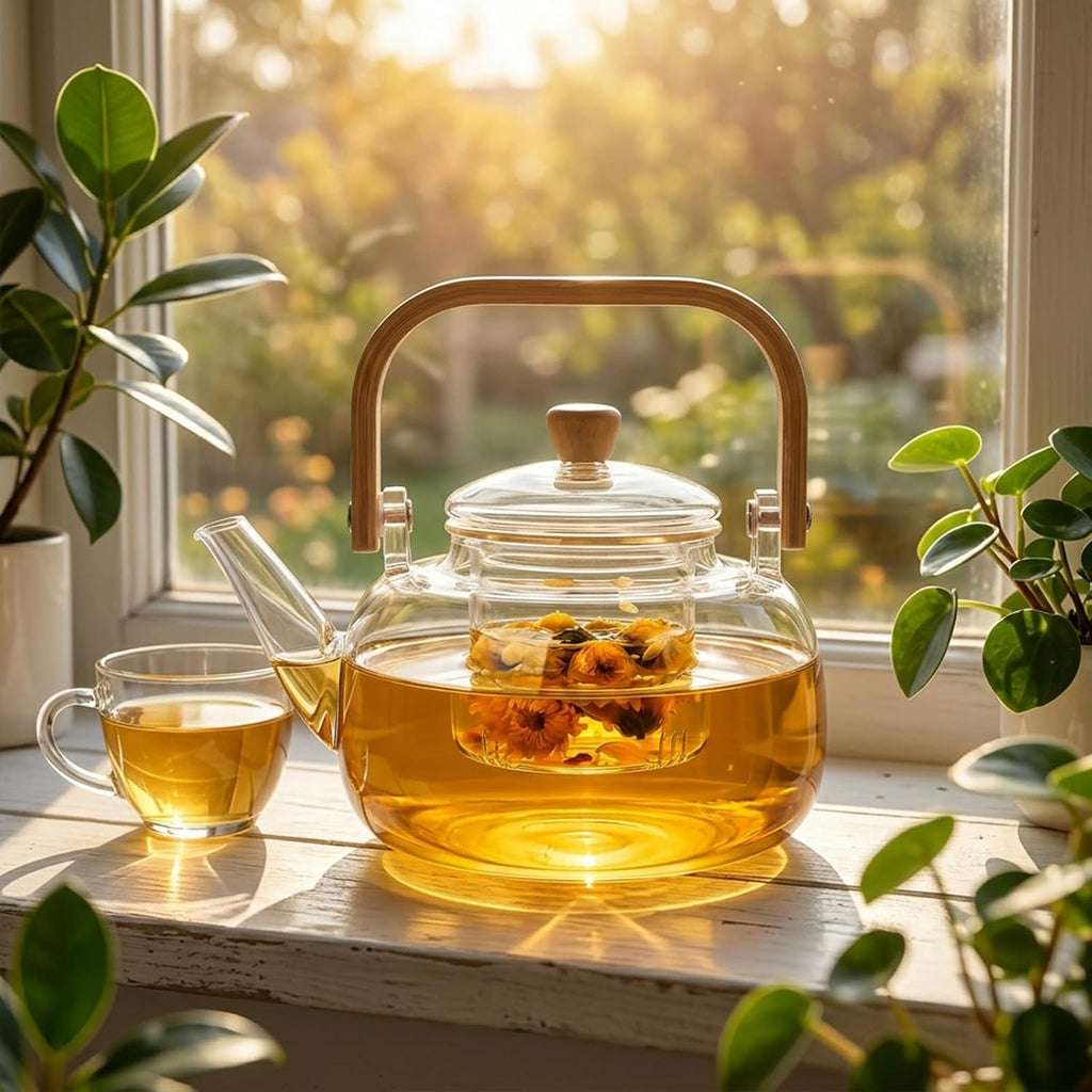 1500ml (50.72oz) Borosilicate Glass Teapot with Wooden Handle, Stovetop Safe Large Tea Kettle with Removable Glass Infuser for Blooming Tea & Loose Leaf Tea