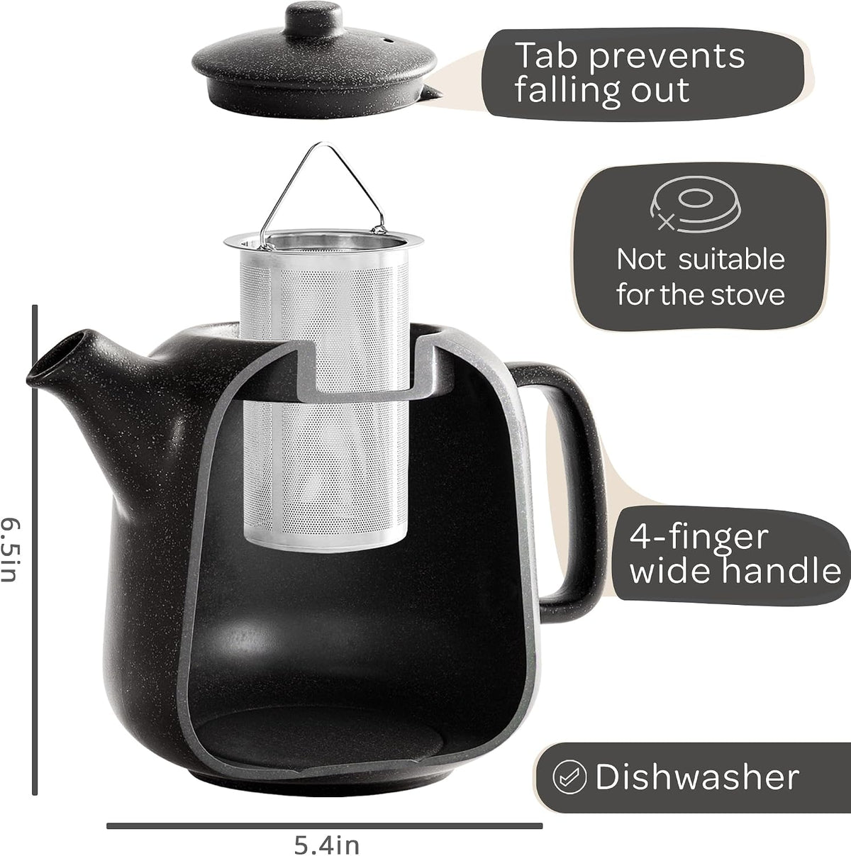 Steinzeit Design Tea Pot (44 oz) - Premium Ceramic Teapot with Infuser for Loose Tea - Black Teapot Ceramic with Removable Strainer