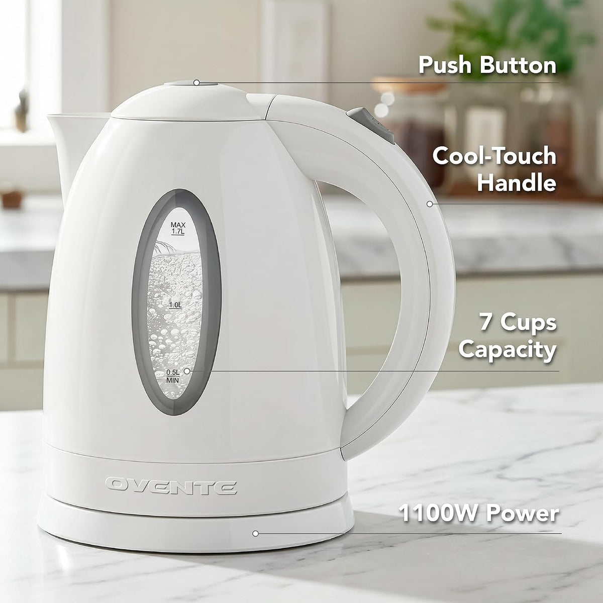 OVENTE 1.7L Electric Tea Kettle, Fast Boiling Water Heater, White KP72W