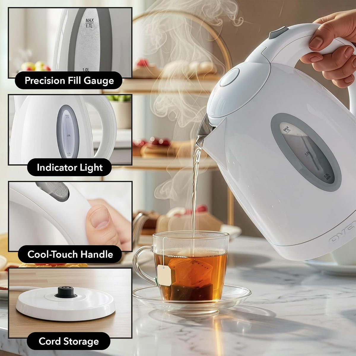 OVENTE 1.7L Electric Tea Kettle, Fast Boiling Water Heater, White KP72W