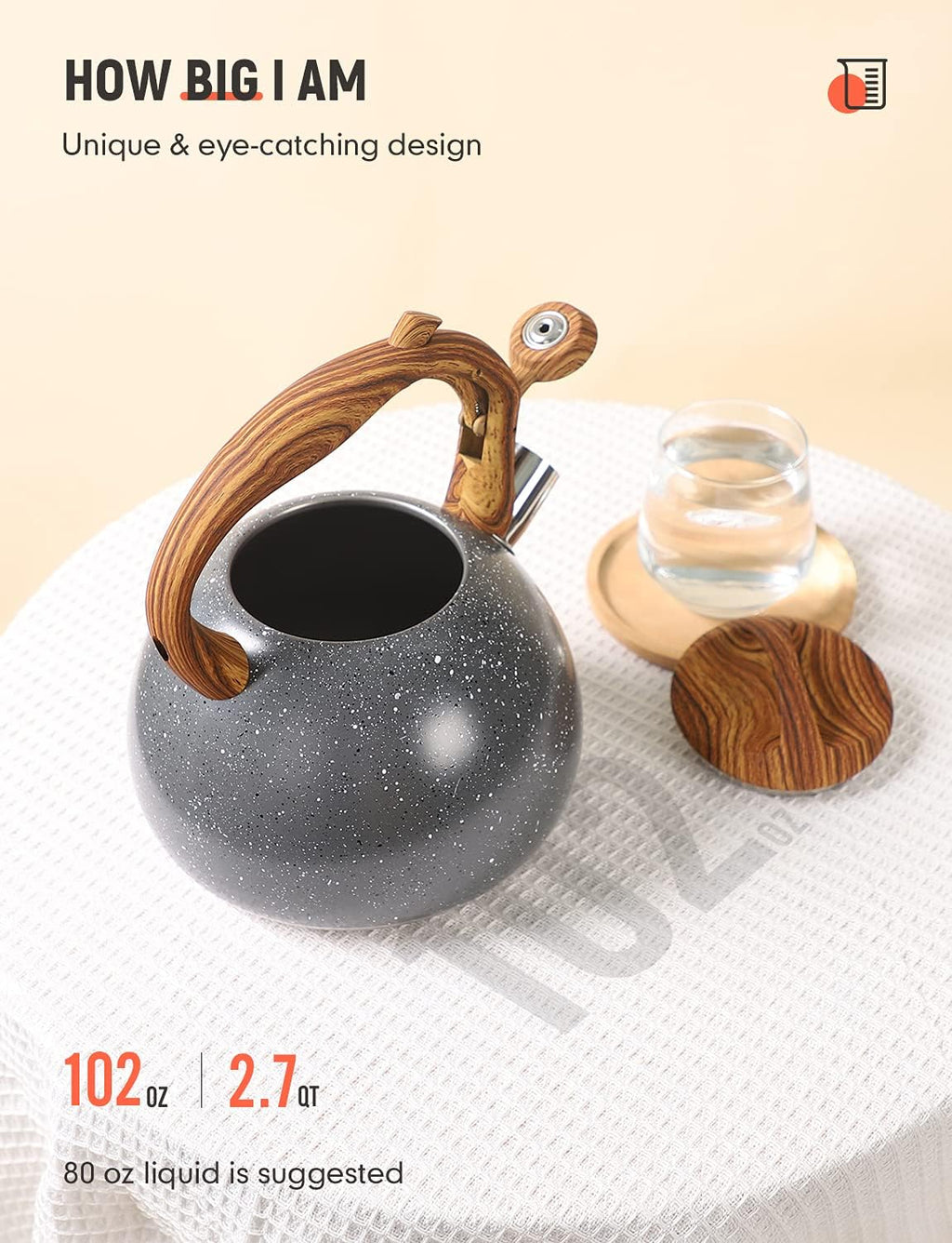BELANKO 2.7 Quart Tea Kettle for Stovetops - Food Grade Stainless Steel Teapot with Loud Whistle, Cool-Touch Wood Pattern Handle, Rust-Resistant Whistling Kettle - Starry Gray