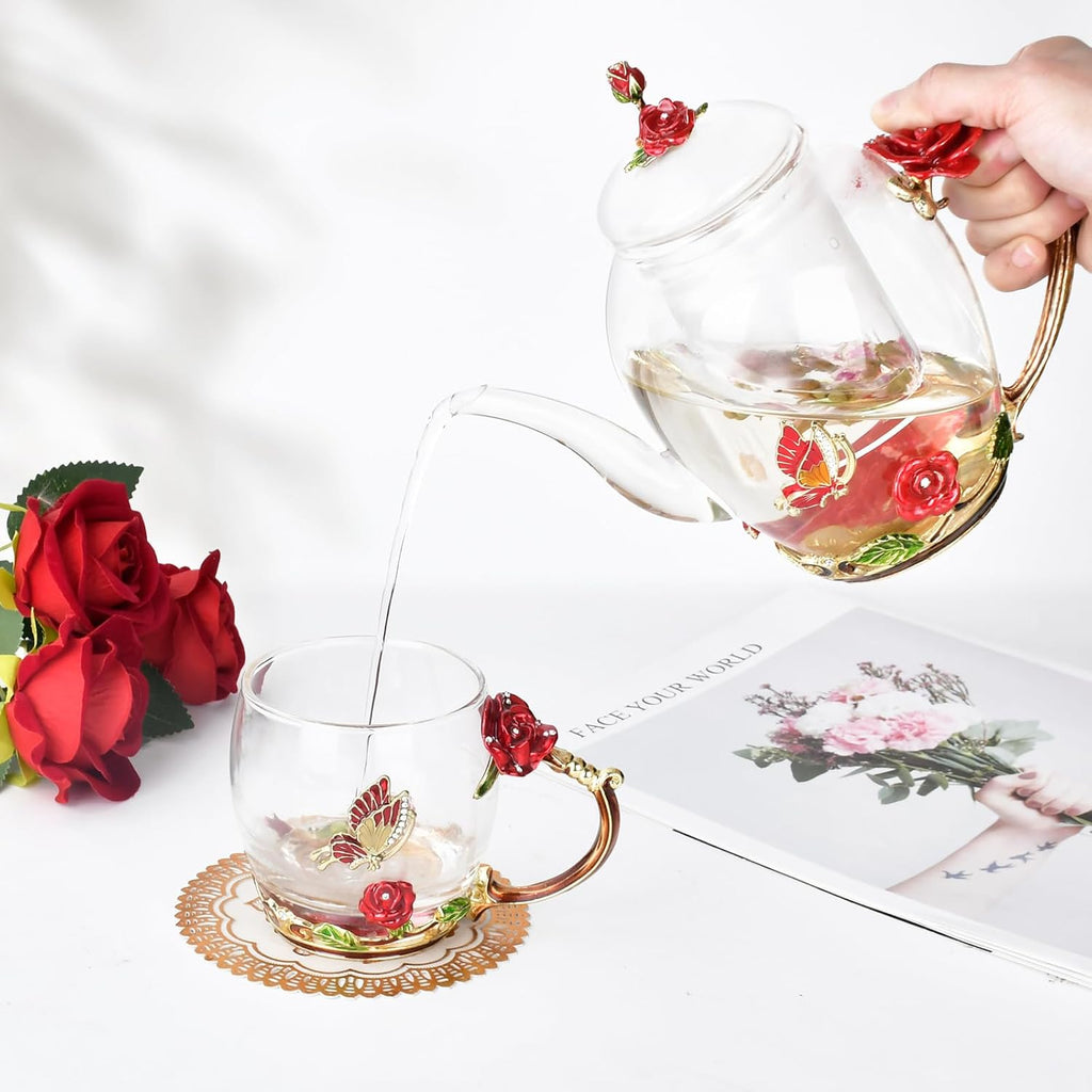OEAGO Enamel Glass Flower Tea Pot 30.4OZ Birthday Gifts for Women Mom