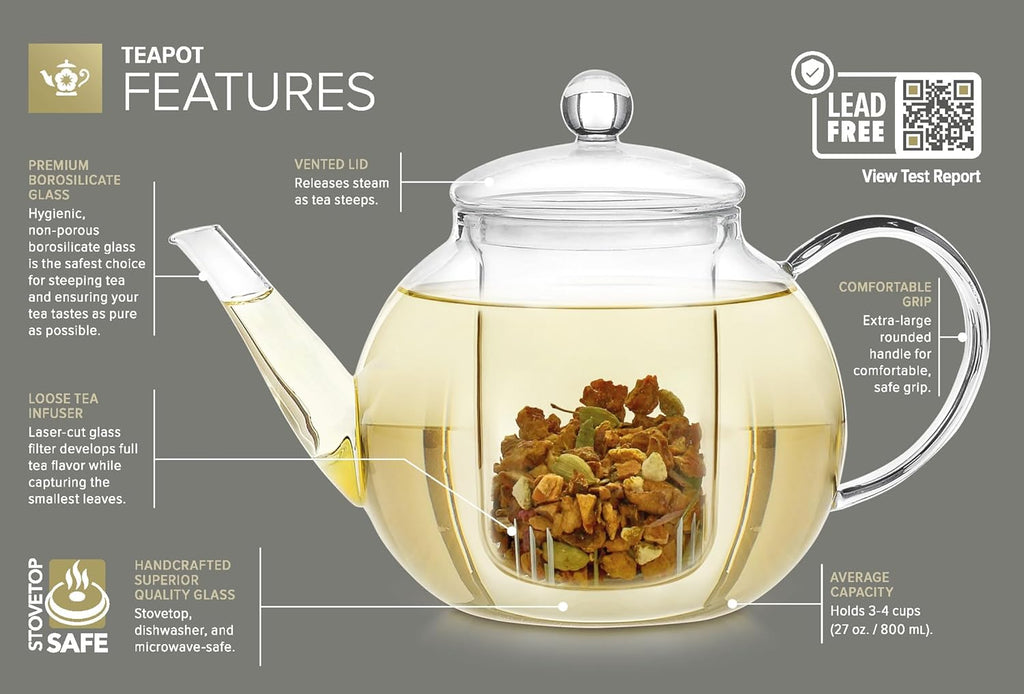 Teabloom Celebration Glass Teapot & Kettle, 27 oz, Infuser, 2 Blooming Teas