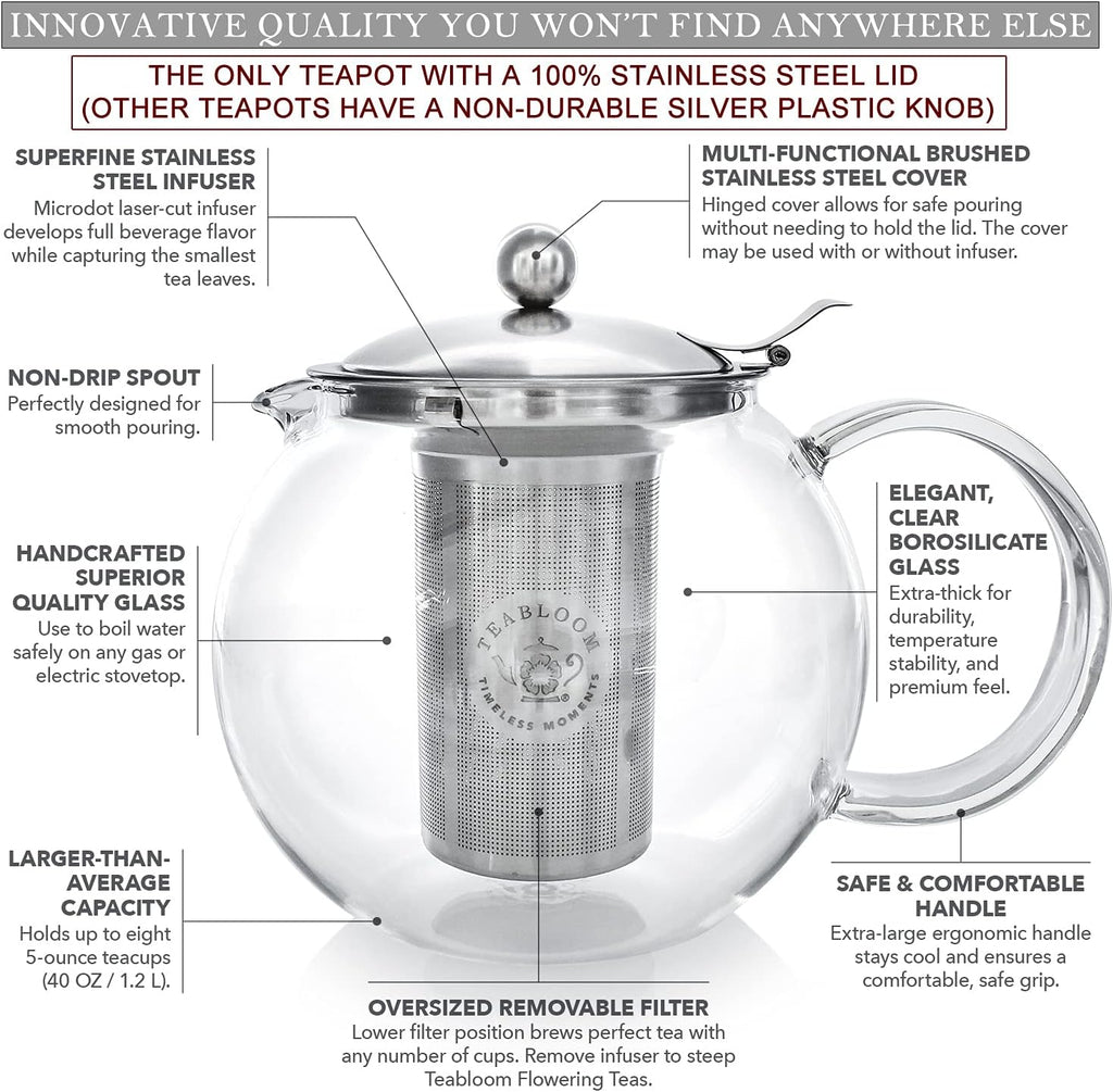 Teabloom All-in-One Glass Teapot and Tea Kettle – Heatproof Borosilicate Glass Tea Maker with Removable Stainless Steel Loose Tea Infuser – Classica Stovetop Tea Pot (40 oz / 1200 ml)
