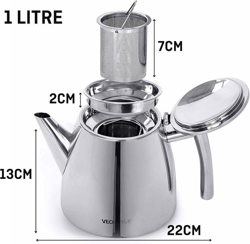VeoHome Stainless Steel Tea Pot with Infuser - Keeps Heat Thanks to its Double Wall, Silver (1 Liter (34 oz))…