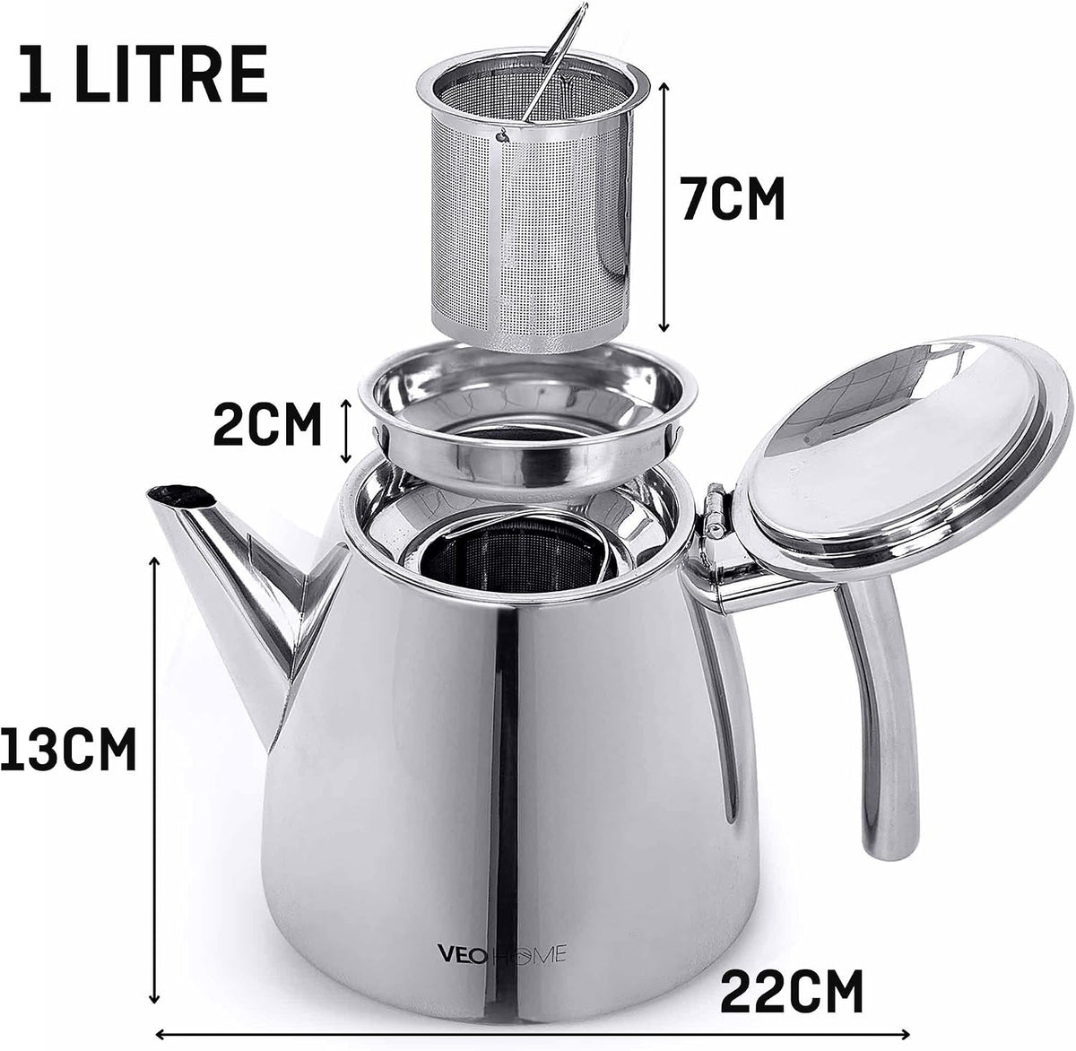 VeoHome Stainless Steel Tea Pot with Infuser - Keeps Heat Thanks to its Double Wall, Silver (1 Liter (34 oz))…