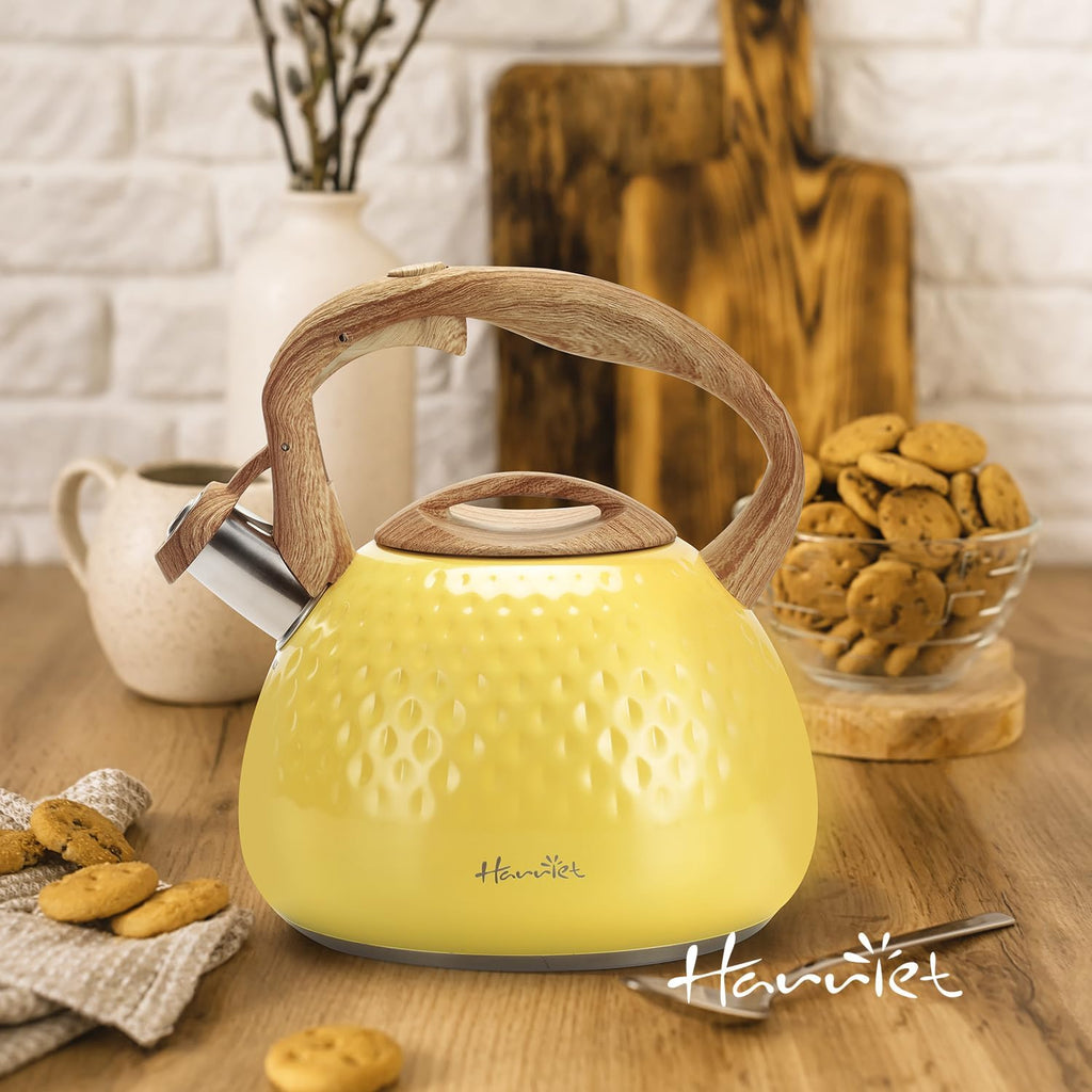 Harriet Whistling Tea Kettle, 2.5QT Food-Grade Steel Teapot, Yellow