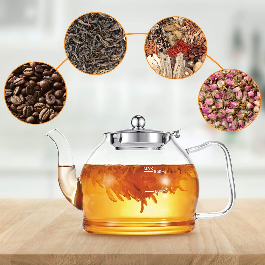 STNTUS Glass Teapot, 40 oz. / 1200 ml for Loose Tea, With Infuser and Stainless Steel Strainer, Stovetop Safe, 4-6 Cups