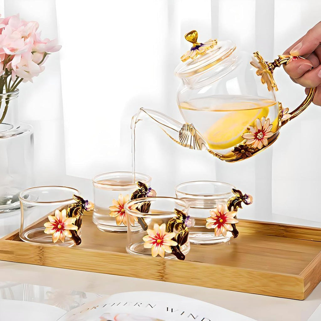 300ml Heat Resistant Glass Teapot with Golden Leaf Edge, Floral Pattern Ret