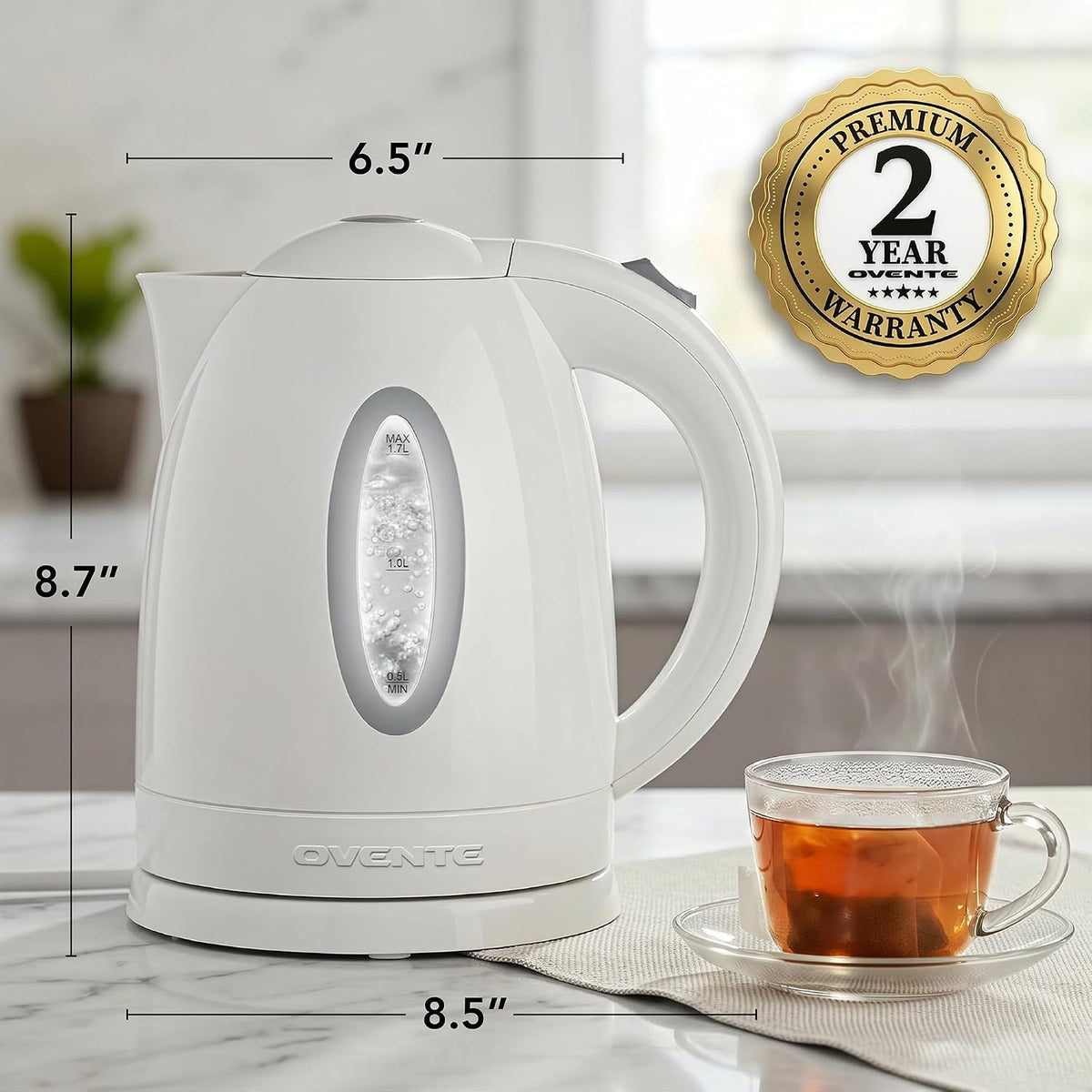OVENTE 1.7L Electric Tea Kettle, Fast Boiling Water Heater, White KP72W