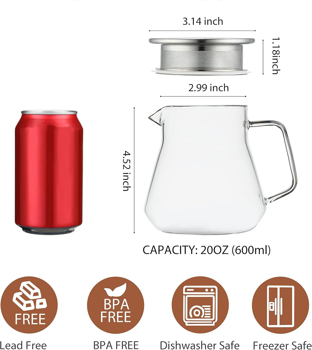 CNGLASS One-Touch Glass Teapot with Stainless Steel Filter Lid,20oz(600ml) Glear Tea Kettle Stovetop Safe,Borosilicate Glass Tea Pots for Loose Leaf Tea