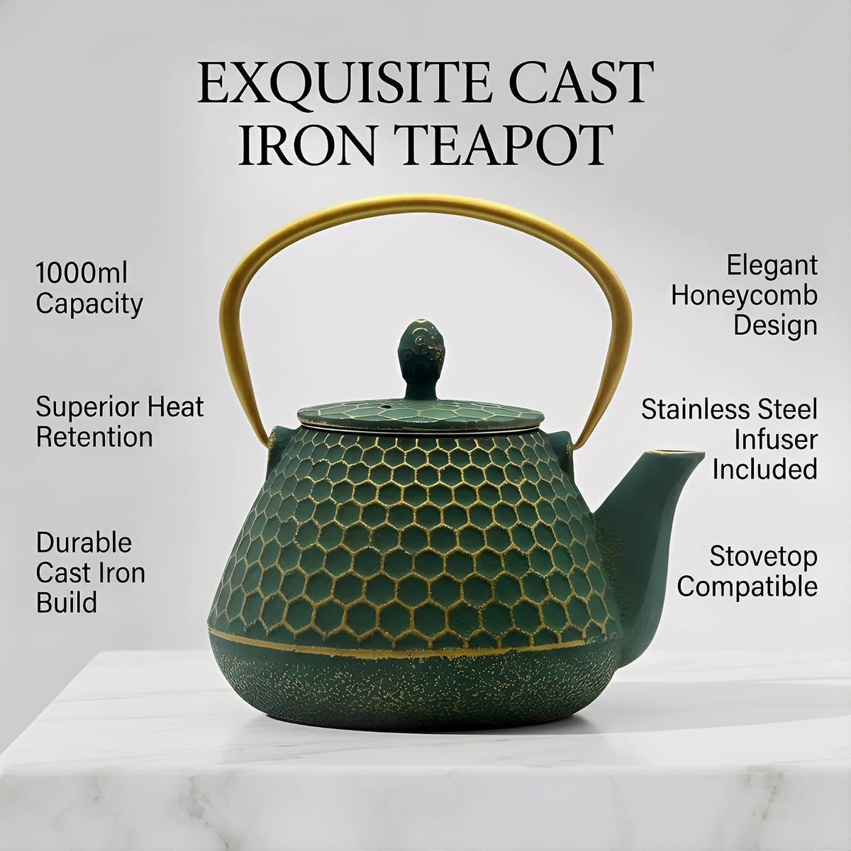 YJX 34oz Cast Iron Tea Kettle for Stovetop, Green Tea Pot for Loose Tea