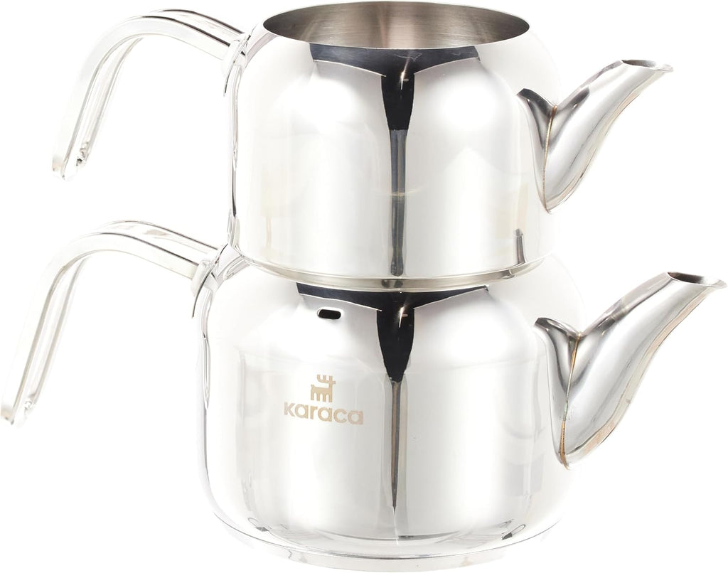 Karaca Manes Mini Turkish Teapot Set - Stainless Steel Teapot with Lid - (Turkish Tea Pot 0,85 Liters & Water Tank 1,25 Liters) - Non-Burning Bakelite Handles Midi Tea Maker & Induction Kettle