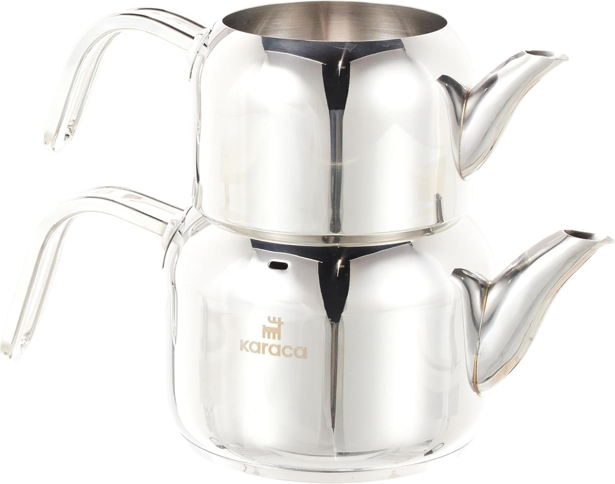 Karaca Manes Mini Turkish Teapot Set - Stainless Steel Teapot with Lid - (Turkish Tea Pot 0,85 Liters & Water Tank 1,25 Liters) - Non-Burning Bakelite Handles Midi Tea Maker & Induction Kettle