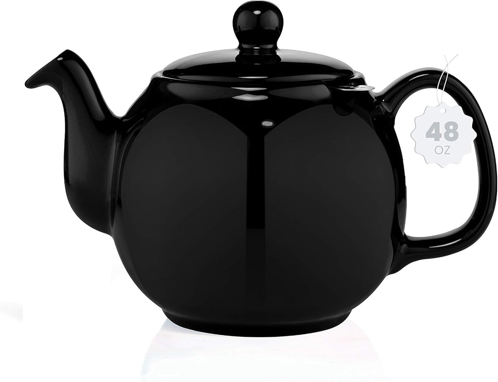 SAKI Large Porcelain Teapot, 48 Ounce Tea Pot with Infuser, Loose Leaf and Blooming Tea Pot - Black