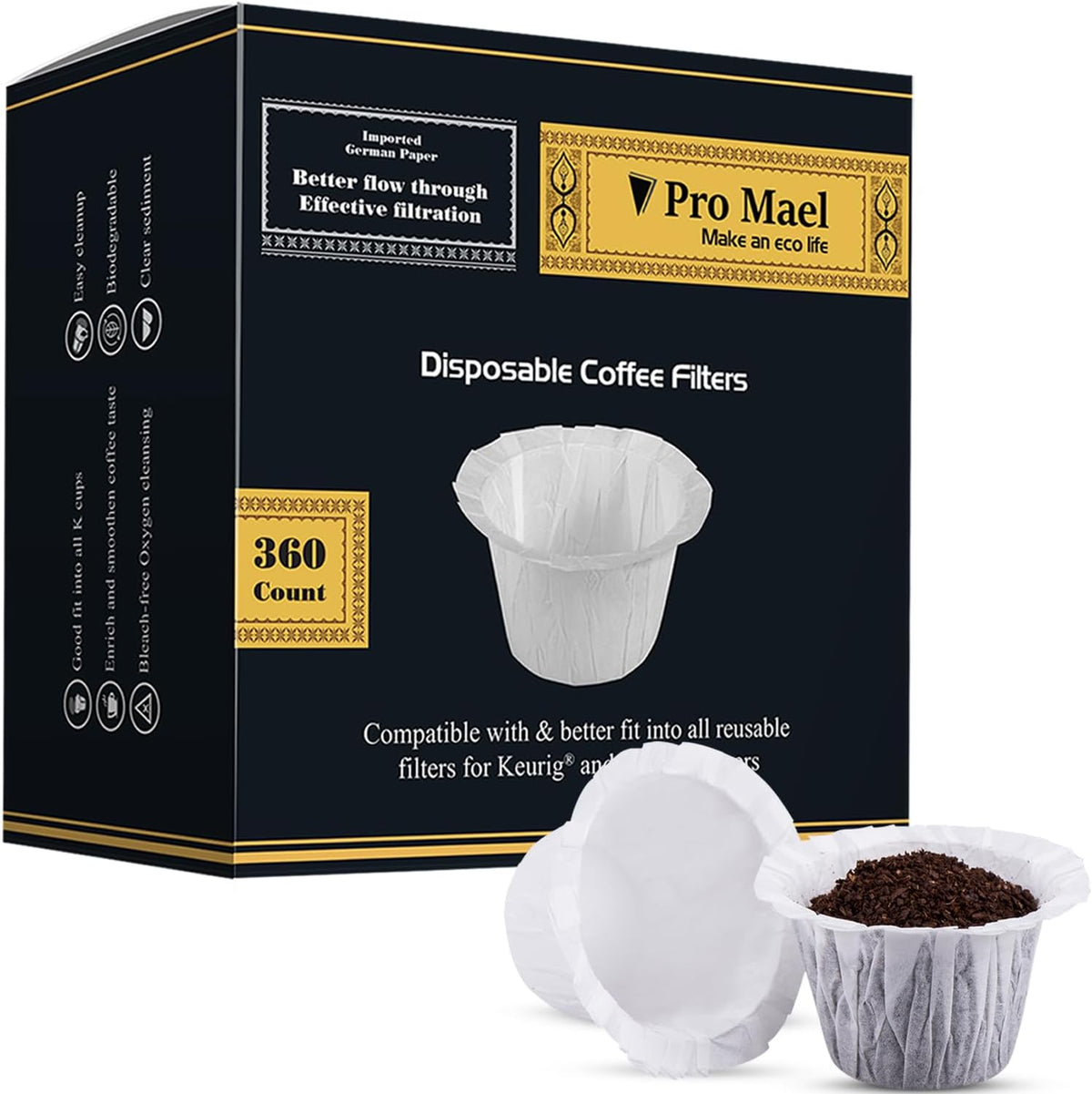 Pro Mael 360 Disposable K Cup Paper Filters for Keurig 1.0&2.0, White