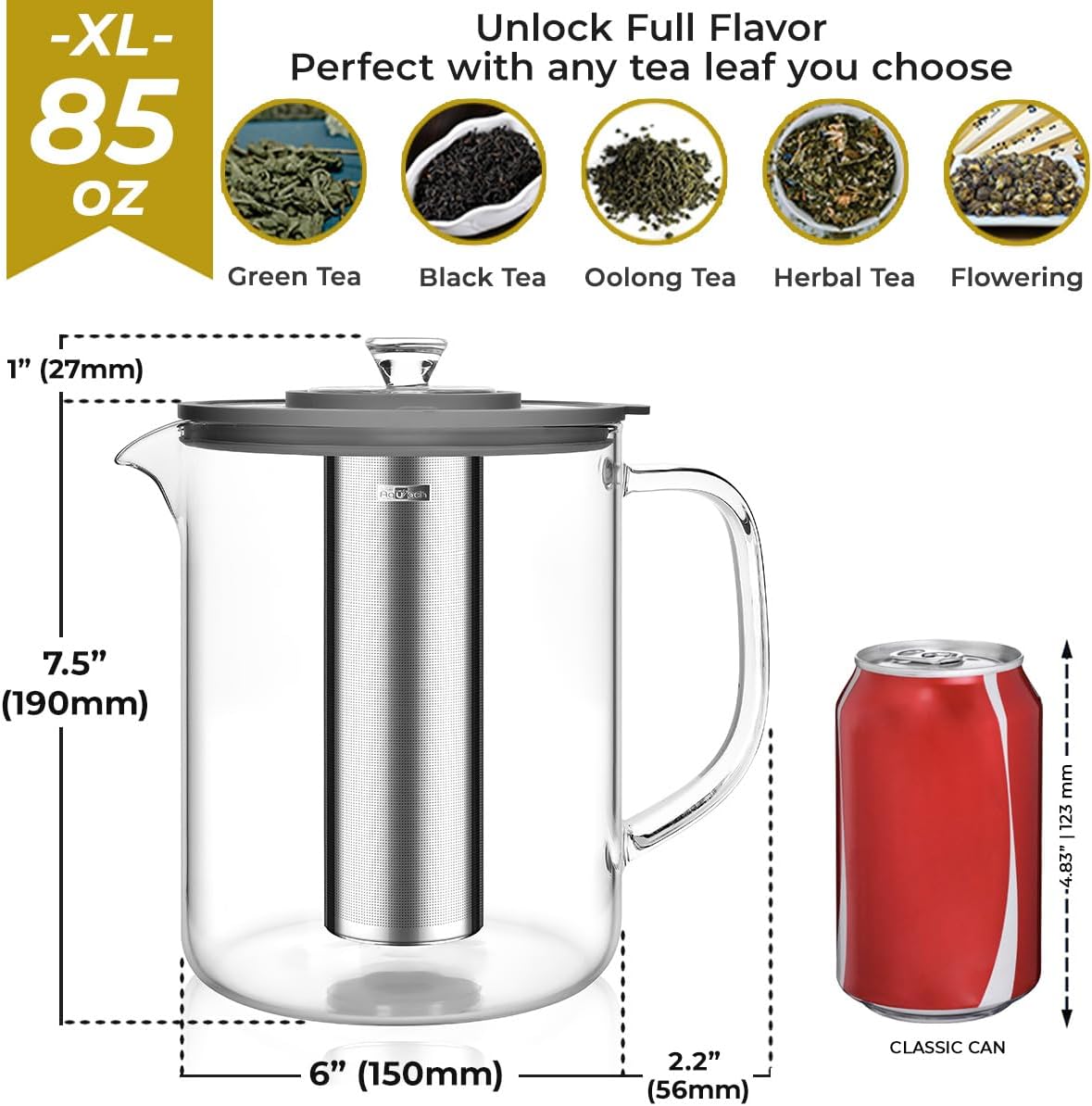 Aquach 85oz Glass Tea Pot with Infuser, Stovetop Safe Borosilicate Teapot