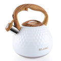 BELANKO 2.7 Quart Tea Kettle for Stovetop - Food Grade Stainless Steel with Diamond Texture, Designer Teapot Look, Cool-Touch Wood Pattern Handle, Whistling Spout - Milk White