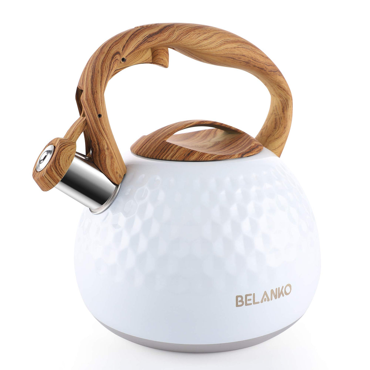BELANKO 2.7 Quart Tea Kettle for Stovetop - Food Grade Stainless Steel with Diamond Texture, Designer Teapot Look, Cool-Touch Wood Pattern Handle, Whistling Spout - Milk White