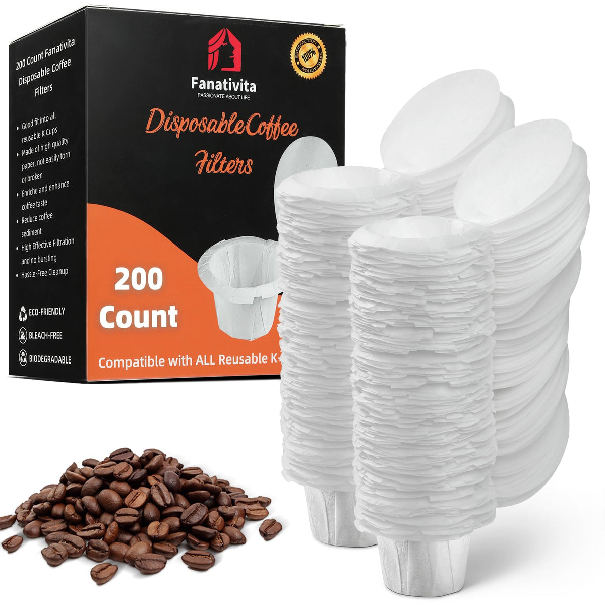 Fanativita 200ct K Cup Coffee Filters with Genius Lid, Unbleached