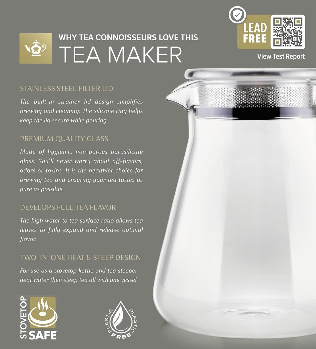 Teabloom One-Touch Plastic-Free 2-in-1 Glass Teapot & Kettle, 40 oz