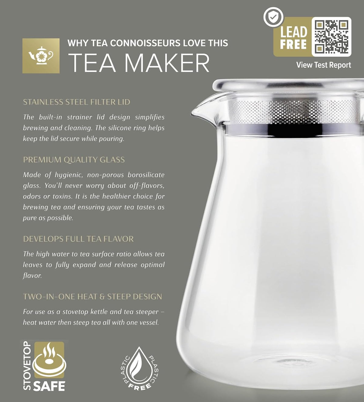 Teabloom One-Touch Plastic-Free 2-in-1 Glass Teapot & Kettle, 40 oz