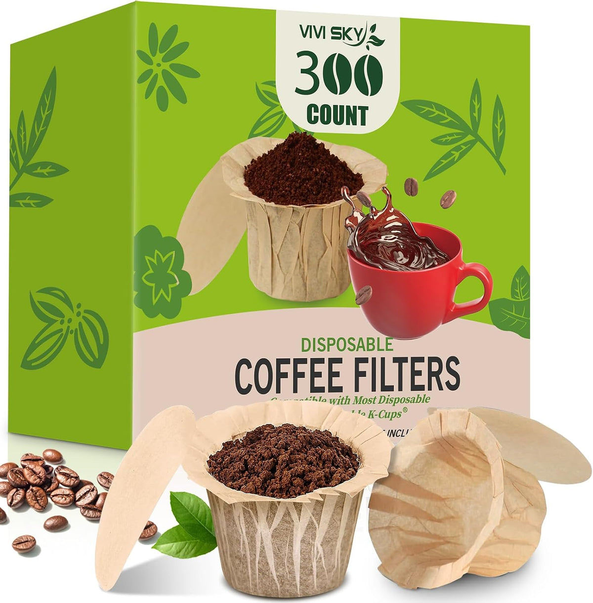 VIVI SKY Disposable K Cup Coffee Filters with Lid: 300 Natural Paper Liners